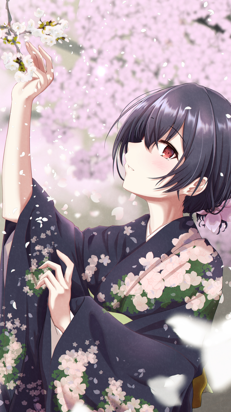 1girl arm_up black_hair black_kimono blurry blurry_background blurry_foreground blush cherry_blossoms falling_petals floral_print from_side hair_between_eyes hair_bun hair_ribbon hand_up highres idolmaster idolmaster_shiny_colors japanese_clothes kimono long_sleeves looking_at_viewer morino_rinze nagmilk obi obiage open_mouth petals pink_ribbon print_kimono red_eyes ribbon sash short_hair smile solo tree upper_body wide_sleeves