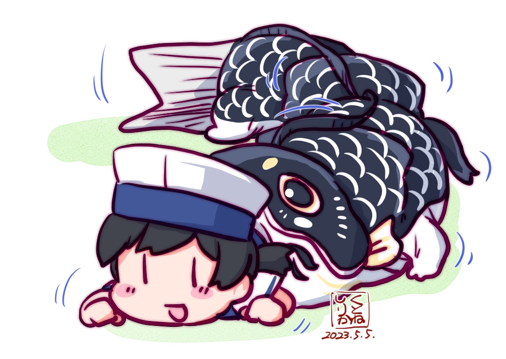 1girl artist_logo black_hair brown_eyes carp commentary_request crawling dated dress fish_costume hat hiburi_(kancolle) kantai_collection koinobori kutone_shirika low_ponytail lying on_stomach sailor_hat short_hair short_sleeves simple_background solo white_background white_dress windsock |_|