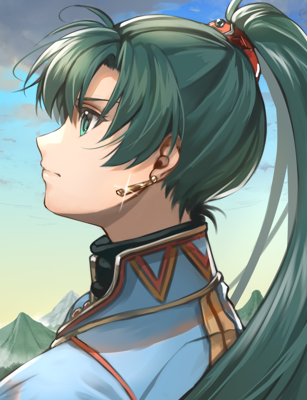 1girl black_undershirt blue_shirt closed_mouth clouds cloudy_sky day delsaber earrings fire_emblem fire_emblem:_the_blazing_blade from_side glint gold_earrings green_eyes green_hair hair_ornament high_collar high_ponytail highres jewelry long_hair looking_up lyn_(fire_emblem) mountain outdoors profile shirt sky solo turtleneck upper_body