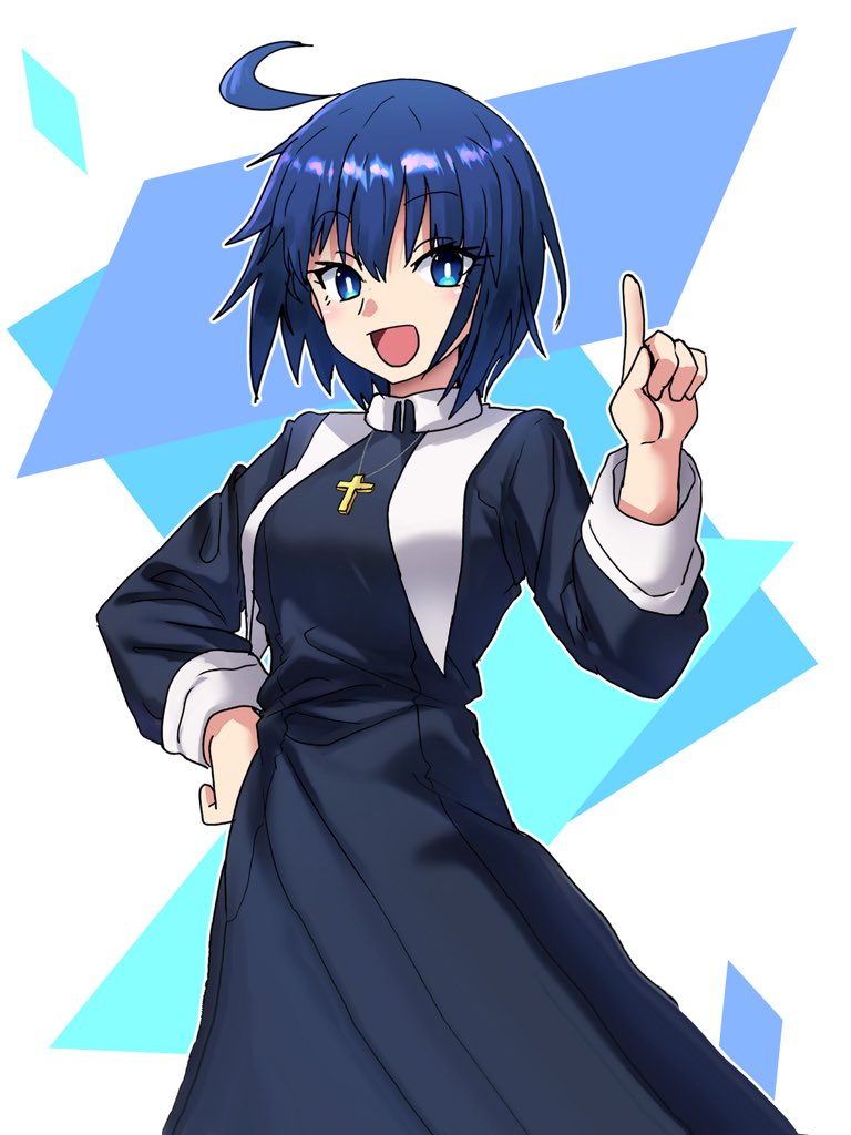 1girl :d ahoge black_dress blue_eyes blue_hair breasts ciel_(tsukihime) commentary cowboy_shot dress ebora hand_on_own_hip long_sleeves looking_at_viewer open_mouth pleated_skirt short_hair skirt smile solo standing traditional_nun tsukihime