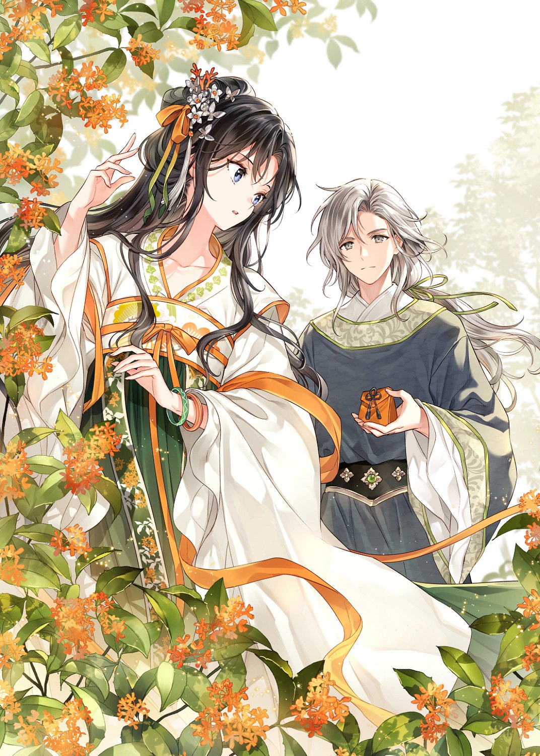 1boy 1girl black_hair blue_eyes blue_robe bracelet chinese_clothes closed_mouth dress expressionless eye_contact feet_out_of_frame floral_print flower gradient_ribbon green_dress green_ribbon grey_eyes grey_hair hair_flower hair_ornament hair_ribbon half_updo hand_up hanfu highres holding jewelry leaf looking_at_another looking_back low_ponytail nardack orange_flower orange_ribbon original osmanthus parted_bangs parted_lips pouch qixiong_ruqun ribbon robe standing surprised swept_bangs tassel tassel_hair_ornament tree white_background white_robe wide_sleeves