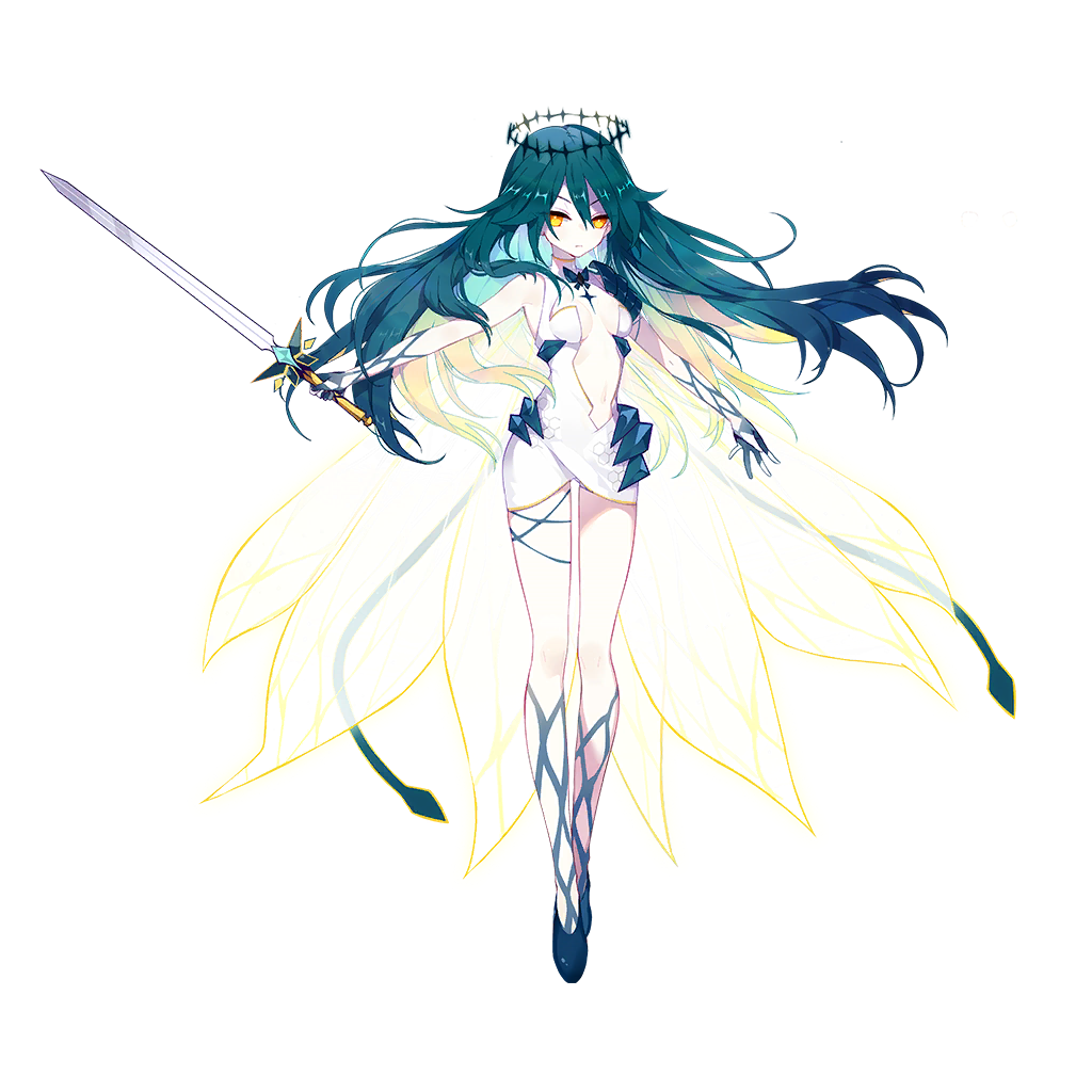 1girl aqua_hair benghuai_xueyuan black_halo blonde_hair blue_hair chest_tattoo delta_(benghuai_xueyuan) dress fairy_wings halo holding holding_sword holding_weapon honkai_(series) long_hair looking_at_viewer multicolored_hair orange_eyes solo star_halo sword tattoo weapon white_dress wings