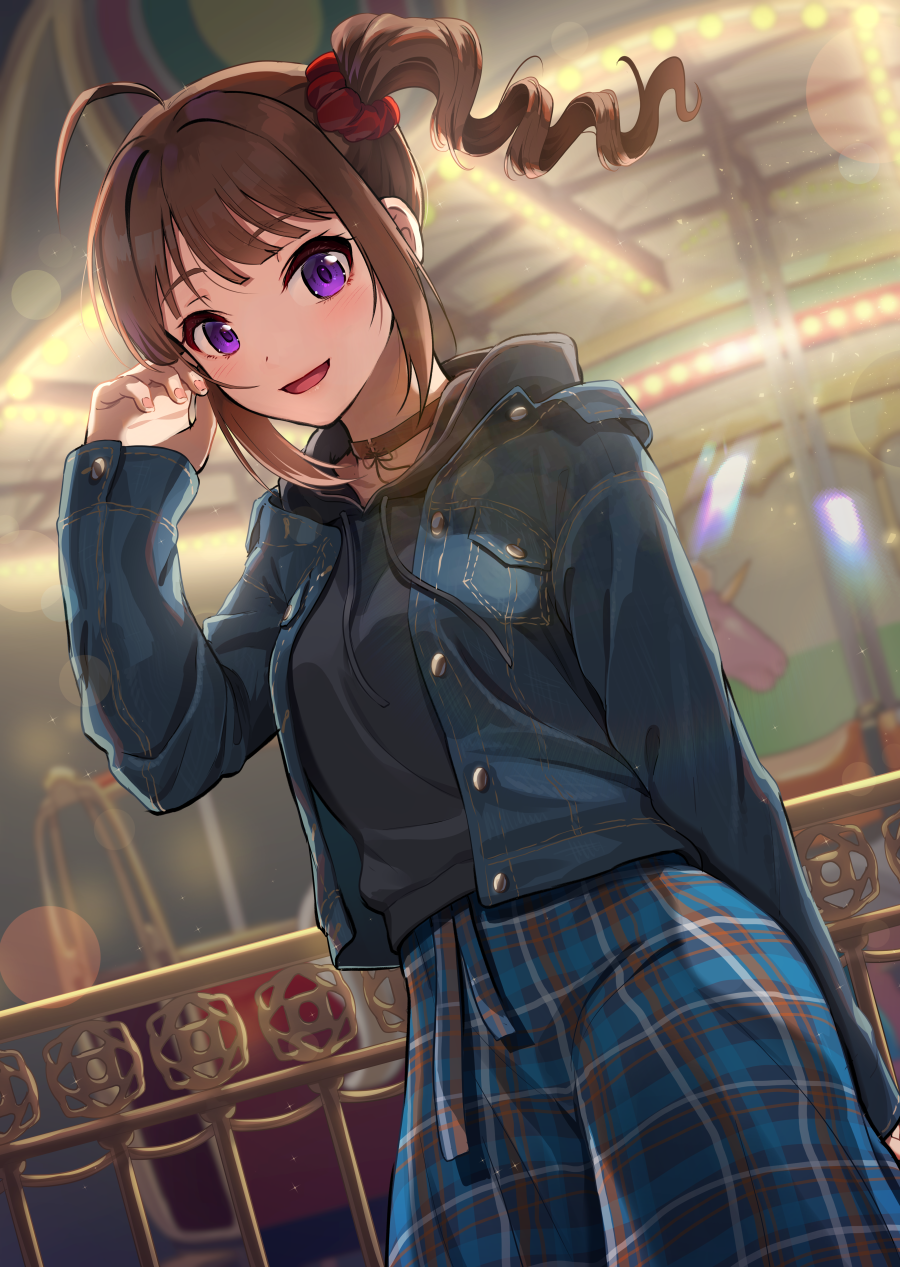 1girl ahoge arm_behind_back black_hoodie blue_jacket brown_choker brown_hair carousel casual choker commentary_request denim denim_jacket drawstring drill_hair dutch_angle hair_ornament hair_scrunchie hand_in_own_hair highres hood hood_down hoodie idolmaster idolmaster_million_live! jacket kamille_(vcx68) long_sleeves looking_at_viewer medium_hair multicolored_pants night open_clothes open_jacket open_mouth outdoors pants partial_commentary plaid plaid_pants red_scrunchie scrunchie side_drill side_ponytail sidelocks smile solo standing violet_eyes yokoyama_nao
