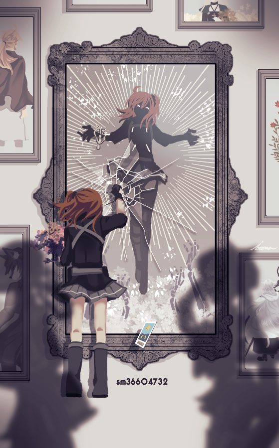 3girls black_footwear black_gloves black_scrunchie black_shirt boots bouquet broken_glass card clenched_hand eyes_in_shadow facing_away fate/grand_order fate_(series) florence_nightingale_(fate) flower from_behind fujimaru_ritsuka_(female) fujimaru_ritsuka_(female)_(polar_chaldea_uniform) full_body gerda_(fate) glass gloves goetia_(fate) grey_skirt hair_between_eyes hair_ornament hair_scrunchie holding holding_bouquet itoma_(itoma51) looking_at_another marie_antoinette_(fate) medium_hair merlin_(fate) multiple_girls one_side_up orange_hair patxi_(fate) picture_(object) picture_frame pink_flower red_eyes romani_archaman scrunchie sepia_background shirt sideways_glance silhouette skirt solo_focus standing tarot the_sun_(tarot)
