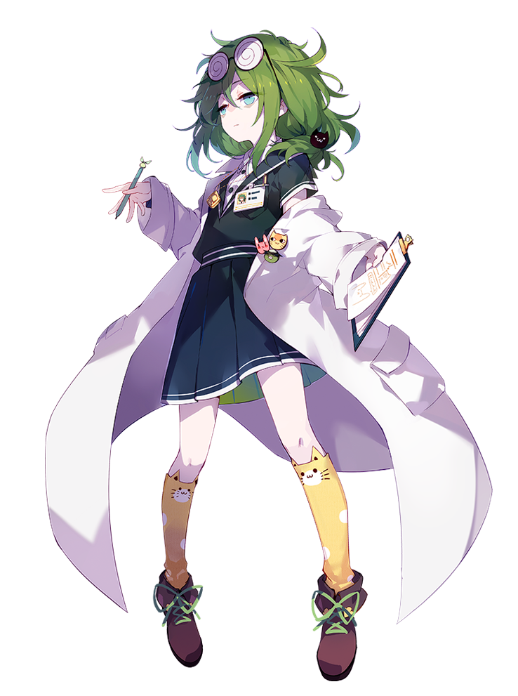 1girl bags_under_eyes benghuai_xueyuan black_shirt black_skirt blue_eyes cat_hair_ornament coke-bottle_glasses eyewear_on_head full_body glasses green_hair hair_ornament holding holding_pen honkai_(series) kneehighs lab_coat medium_hair official_art pen shirt skirt socks solo third-party_source yssring_leavtruth