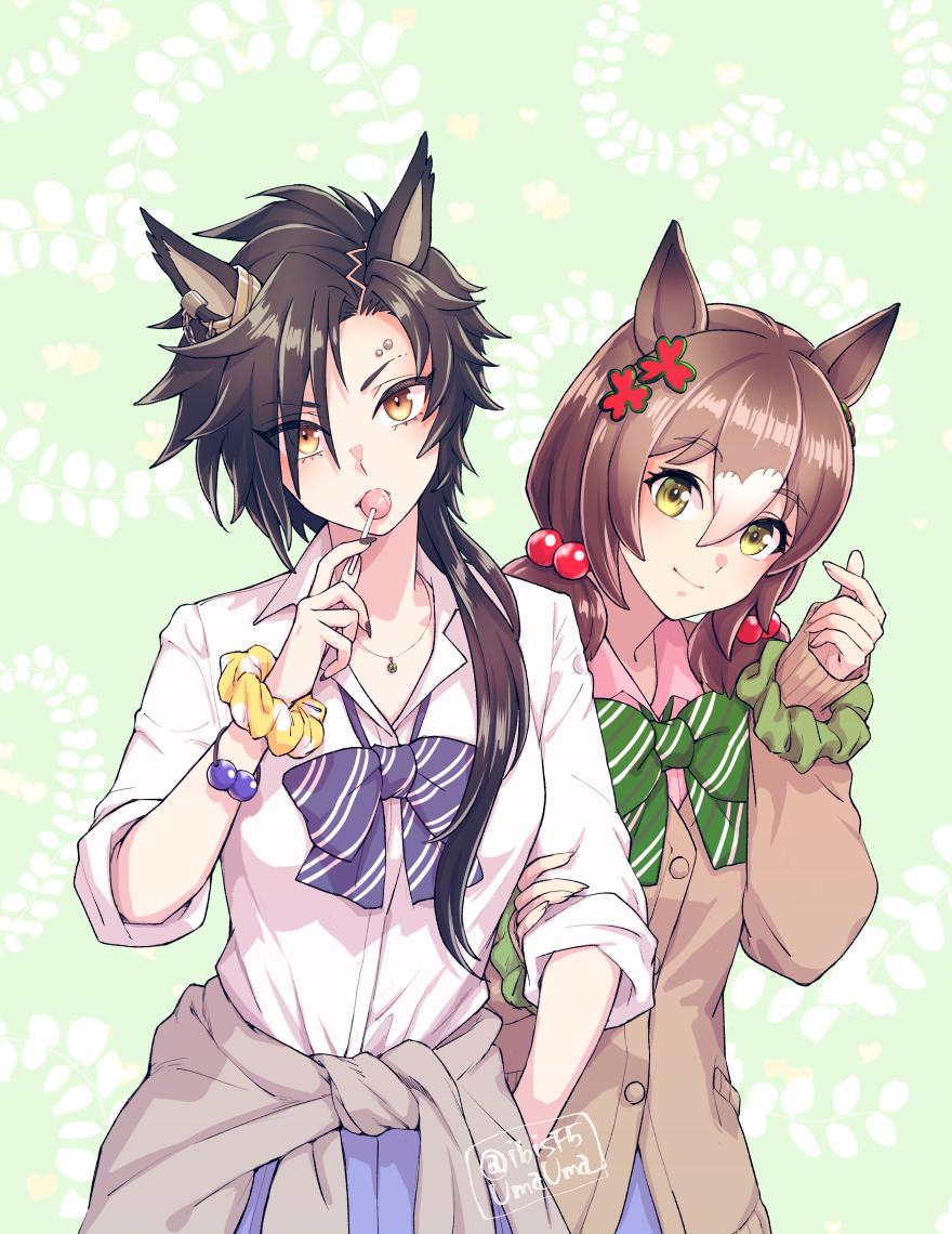 2girls air_shakur_(umamusume) alternate_costume animal_ears asymmetrical_bangs black_hair black_nails blue_bow blue_bowtie bow bowtie breasts brown_hair candy closed_mouth clover_hair_ornament eyebrow_piercing fine_motion_(umamusume) finger_heart food green_bow green_bowtie green_eyes hair_between_eyes hair_bobbles hair_ornament hand_up hi_(ibisf5umauma) holding holding_another's_arm holding_candy holding_food holding_lollipop horse_ears jewelry lollipop long_hair looking_at_viewer low_twintails medium_hair multicolored_hair multiple_girls necklace parted_bangs piercing purple_skirt scrunchie shirt short_twintails skirt sleeves_rolled_up small_breasts smile twintails twitter_username two-tone_hair umamusume upper_body white_shirt wrist_scrunchie yellow_eyes