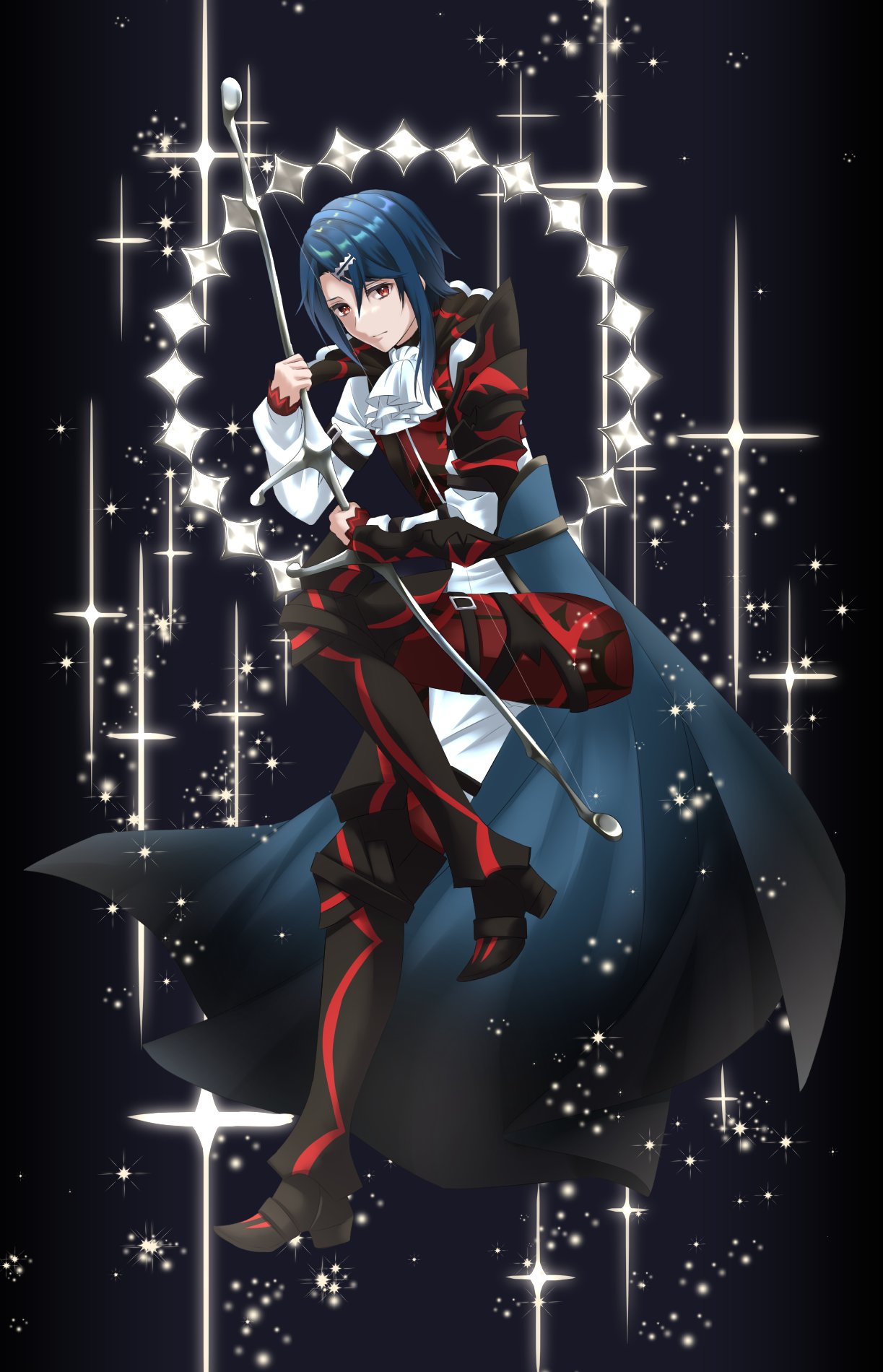 1boy alcryst_(fire_emblem) armor ascot blue_hair bow_(weapon) cape fire_emblem fire_emblem_engage full_body hair_ornament hairclip high_collar highres holding holding_bow_(weapon) holding_weapon kakiko210 long_sleeves red_eyes short_hair shoulder_armor solo sparkle weapon white_ascot