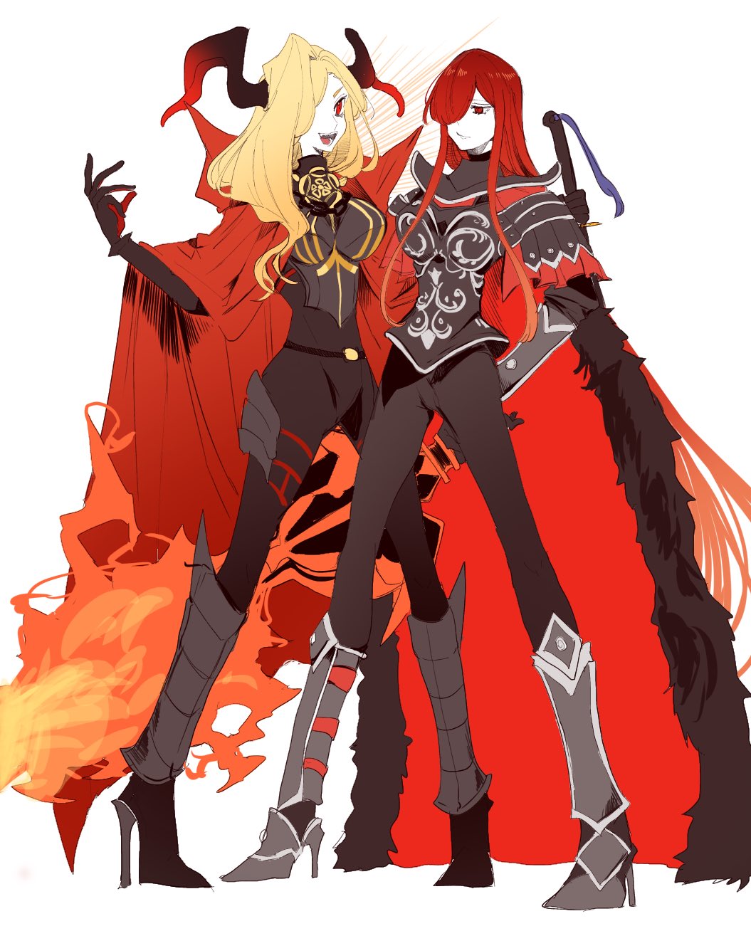 1girl 1other armor armored_boots black_armor black_bodysuit black_horns blonde_hair bodysuit boots cape cosplay costume_switch dragon_horns family_crest fate/grand_order fate_(series) full_body gloves hair_over_one_eye high_heels highres holding holding_sword holding_weapon horns kuriimu0203 long_hair looking_at_viewer nero_claudius_(fate) oda_nobunaga_(fate) oda_nobunaga_(maou_avenger)_(fate) queen_draco_(fate) queen_draco_(third_ascension)_(fate) red_cape red_eyes redhead shoulder_plates simple_background smile sword very_long_hair weapon white_background