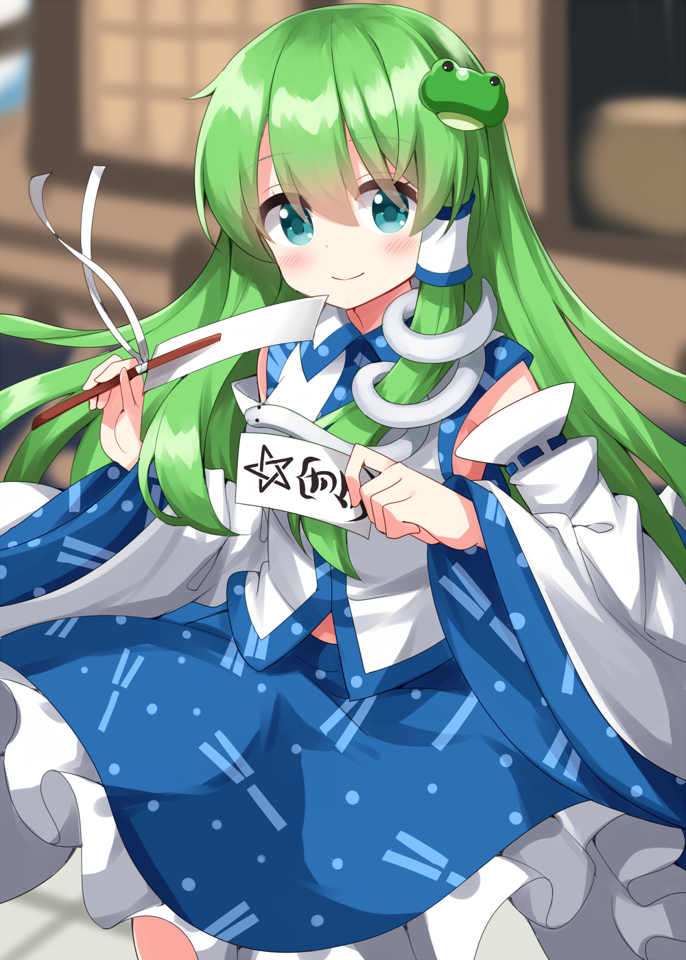 1girl aqua_eyes bare_shoulders blue_skirt blush closed_mouth detached_sleeves frilled_skirt frills frog_hair_ornament gohei green_hair hair_ornament hair_tubes highres holding holding_gohei japanese_clothes kochiya_sanae long_hair looking_at_viewer nontraditional_miko ofuda ruu_(tksymkw) skirt smile snake_hair_ornament solo touhou white_sleeves wide_sleeves