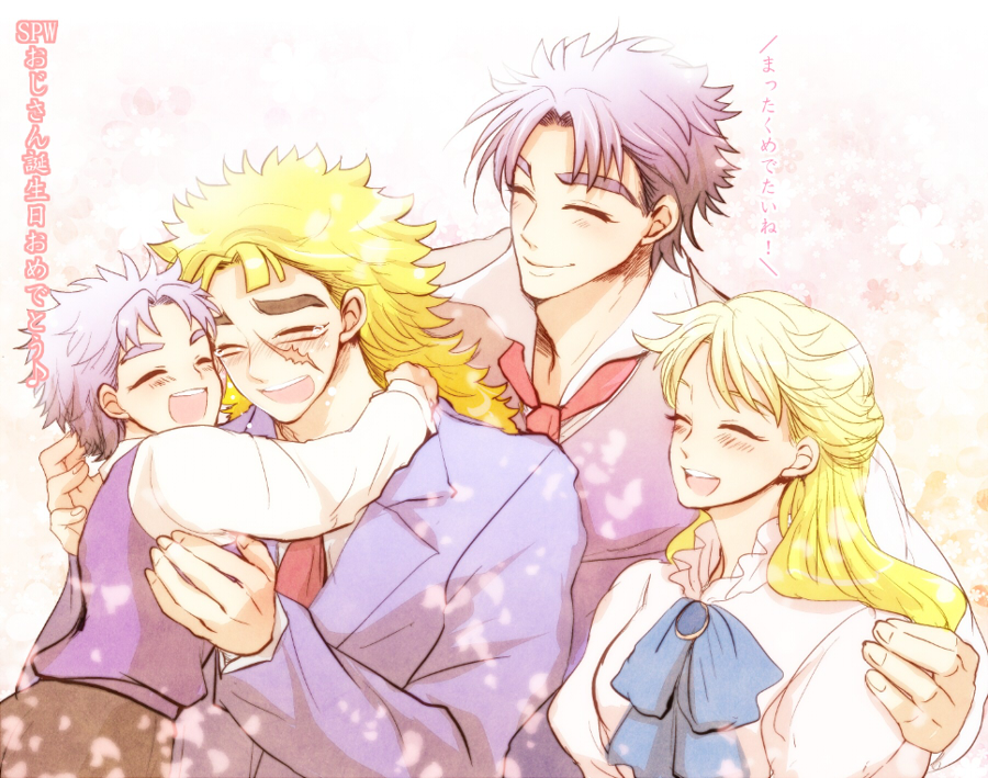 1girl 3boys aged_down alternate_universe blonde_hair blue_jacket blush breasts closed_eyes closed_mouth commentary_request couple dress erina_pendleton facing_viewer family father_and_son george_joestar_ii happy hug husband_and_wife jacket jojo_no_kimyou_na_bouken jonathan_joestar long_hair long_sleeves mother_and_son multiple_boys open_mouth phantom_blood robert_e._o._speedwagon shirt short_hair smile t7senzo translation_request