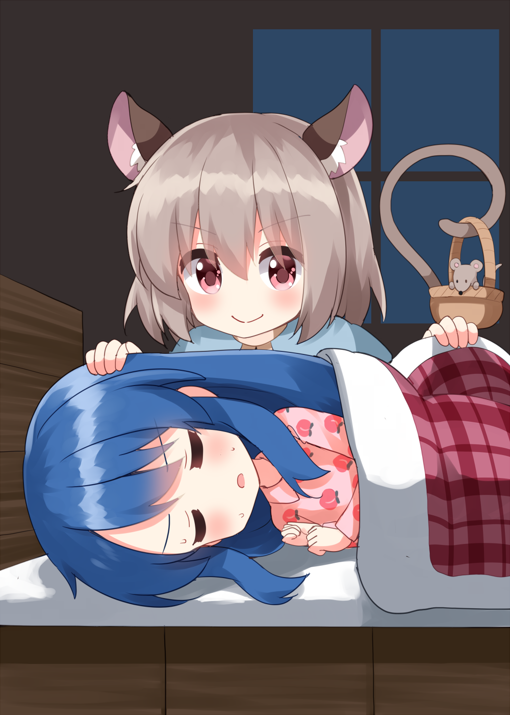 2girls artist_self-insert basket bed blanket blue_hair closed_eyes food fruit highres hinanawi_tenshi indoors long_hair long_sleeves lying mouse mouse_girl mouse_tail multiple_girls nazrin on_bed on_side pajamas peach peach_print red_eyes ruu_(tksymkw) sidelocks sweat tail touhou window
