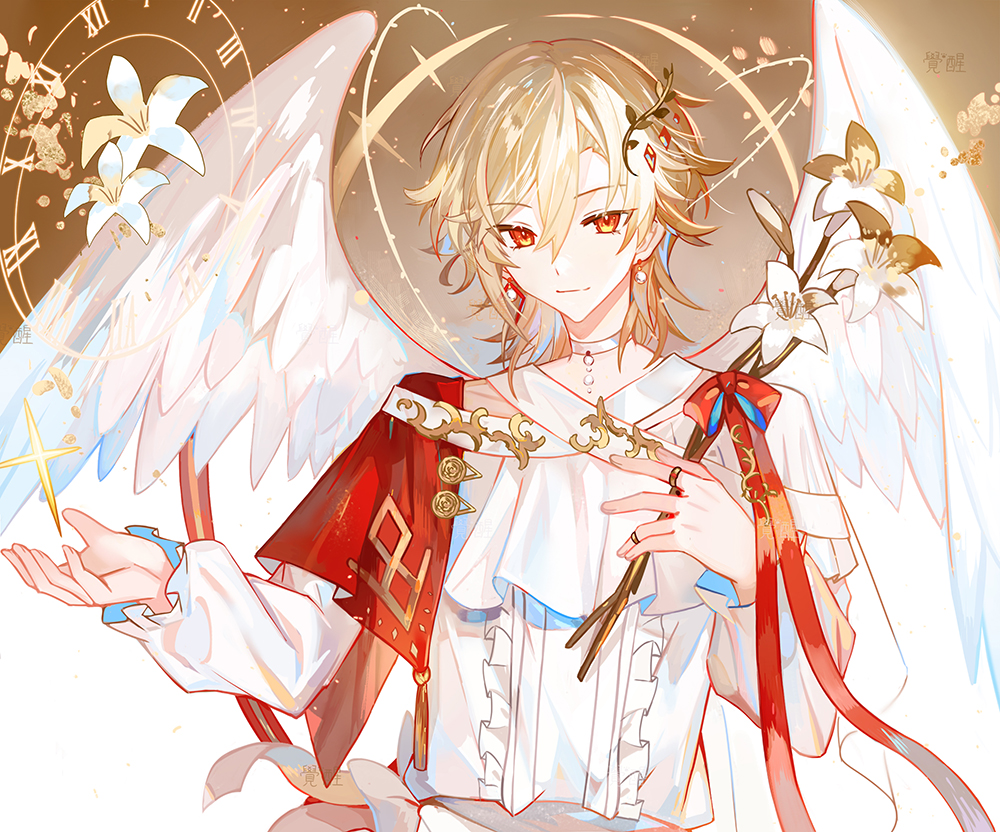 1boy angel_wings blonde_hair bow brown_background cape center_frills clock commentary earrings feathered_wings flower frills genshin_impact gold_trim gradient_background halo holding holding_flower jewelry juexing_(moemoe3345) kaveh_(genshin_impact) looking_at_viewer male_focus orange_eyes outstretched_hand red_bow red_cape shirt short_hair shoulder_cape solo sparkle upper_body white_flower white_shirt white_wings wings