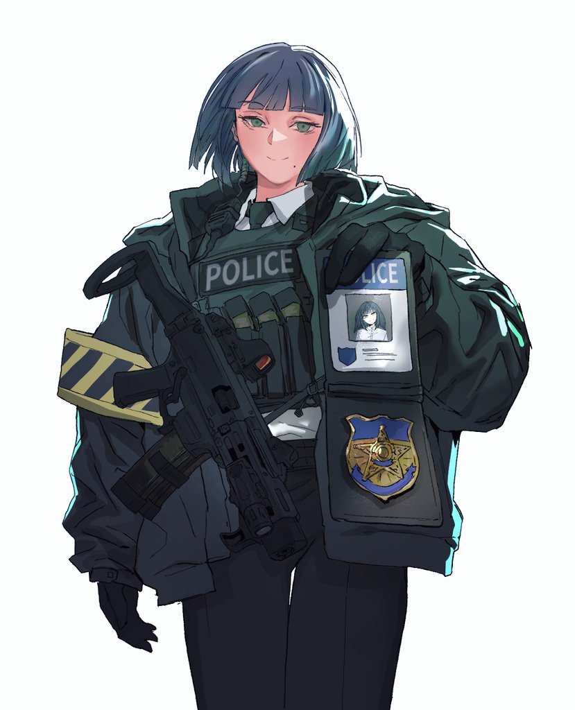 1girl black_gloves black_pants blue_hair blunt_bangs bob_cut closed_mouth collared_shirt commentary commission english_commentary evo_3 gloves green_eyes green_jacket green_necktie green_vest grey_hair gun holding jacket long_sleeves looking_at_viewer maxturbo69 mole mole_under_mouth necktie open_clothes open_jacket original pants police police_badge puffy_long_sleeves puffy_sleeves shirt short_hair simple_background smile solo standing vest weapon white_background white_shirt