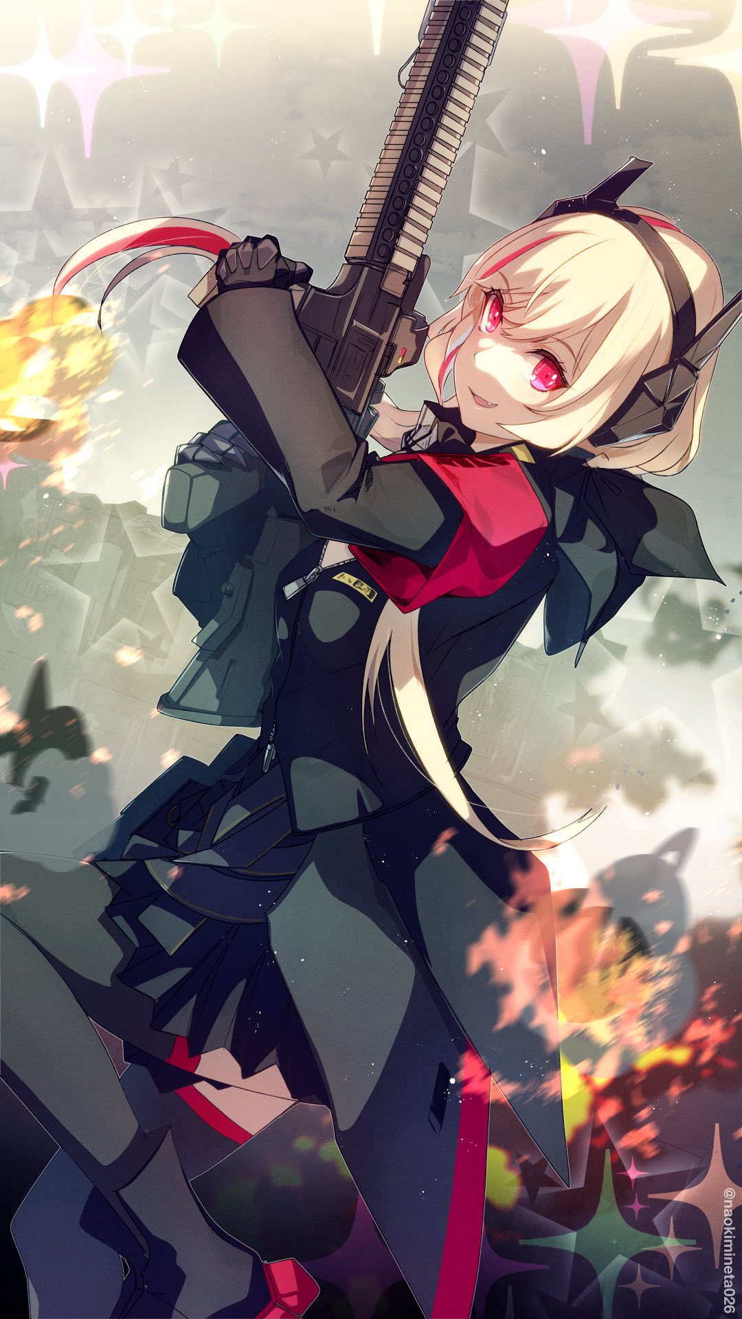 1girl assault_rifle black_jacket black_skirt blonde_hair commentary_request explosion fang from_side girls_frontline gun headset highres holding holding_gun holding_weapon jacket long_hair long_sleeves m4_sopmod_ii m4_sopmod_ii_(girls'_frontline) mineta_naoki multicolored_hair open_mouth pleated_skirt red_armband red_eyes redhead rifle skirt smile solo streaked_hair twitter_username two-tone_hair weapon