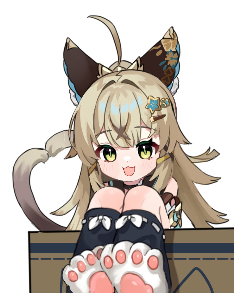 1girl :3 :d animal_ear_fluff animal_ears animal_hands black_choker black_socks box brown_hair cardboard_box cat_ears cat_feet cat_girl cat_paws cat_tail choker commentary detached_sleeves english_commentary genshin_impact green_eyes hair_between_eyes hair_ornament hairclip in_box in_container japanese_clothes kirara_(genshin_impact) kneehighs knees_up long_hair looking_at_viewer miyako_draw multiple_tails nekomata short_sleeves sidelocks simple_background sitting smile socks solo tail two_tails white_background