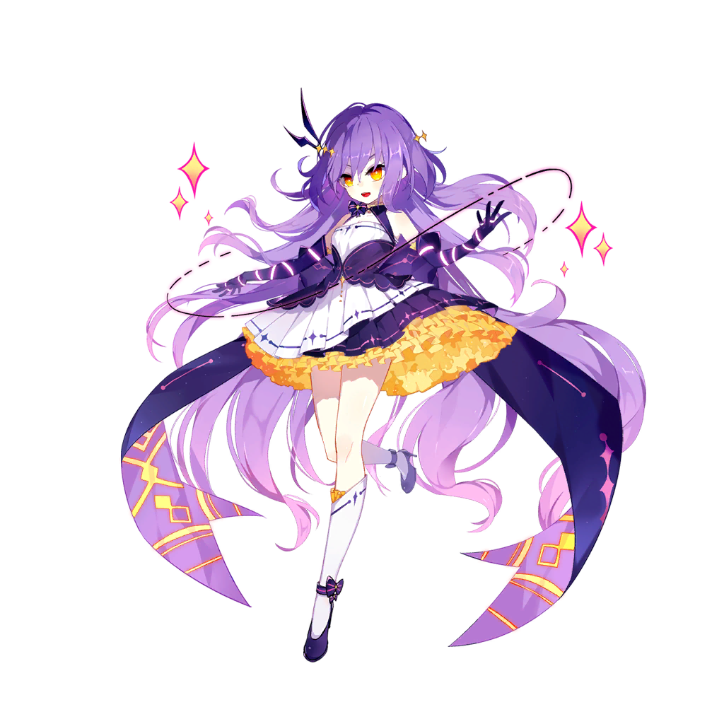 1girl benghuai_xueyuan dress full_body honkai_(series) long_hair looking_at_viewer multicolored_clothes multicolored_dress official_art open_mouth purple_dress purple_hair scarf sirin smile solo sparkle third-party_source very_long_hair white_background white_dress yellow_dress yellow_eyes