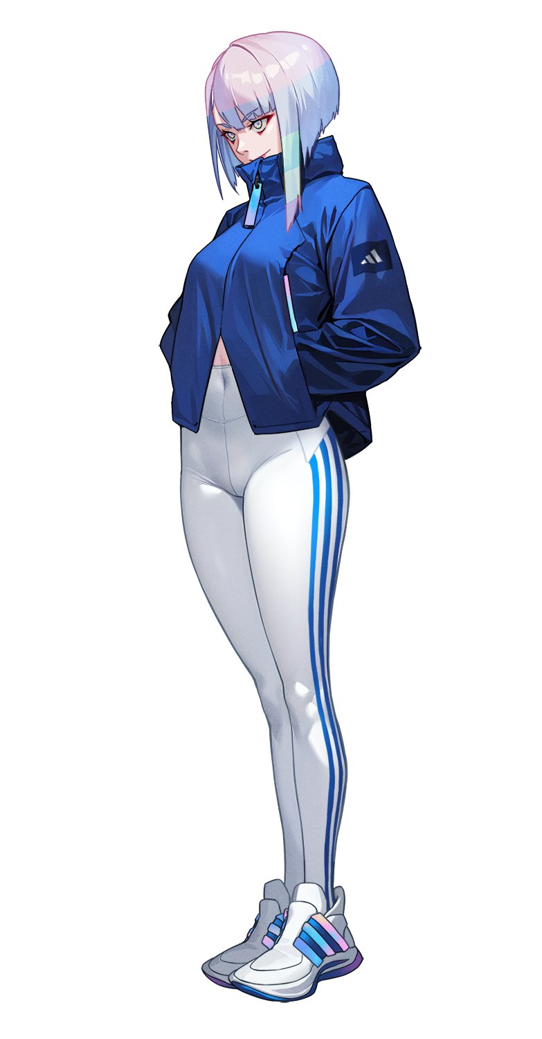 1girl adidas covered_navel cyberpunk_(series) cyberpunk_edgerunners haje hands_in_pockets highres lucy_(cyberpunk) makeup mascara pants parka popped_collar white_footwear white_hair yoga_pants