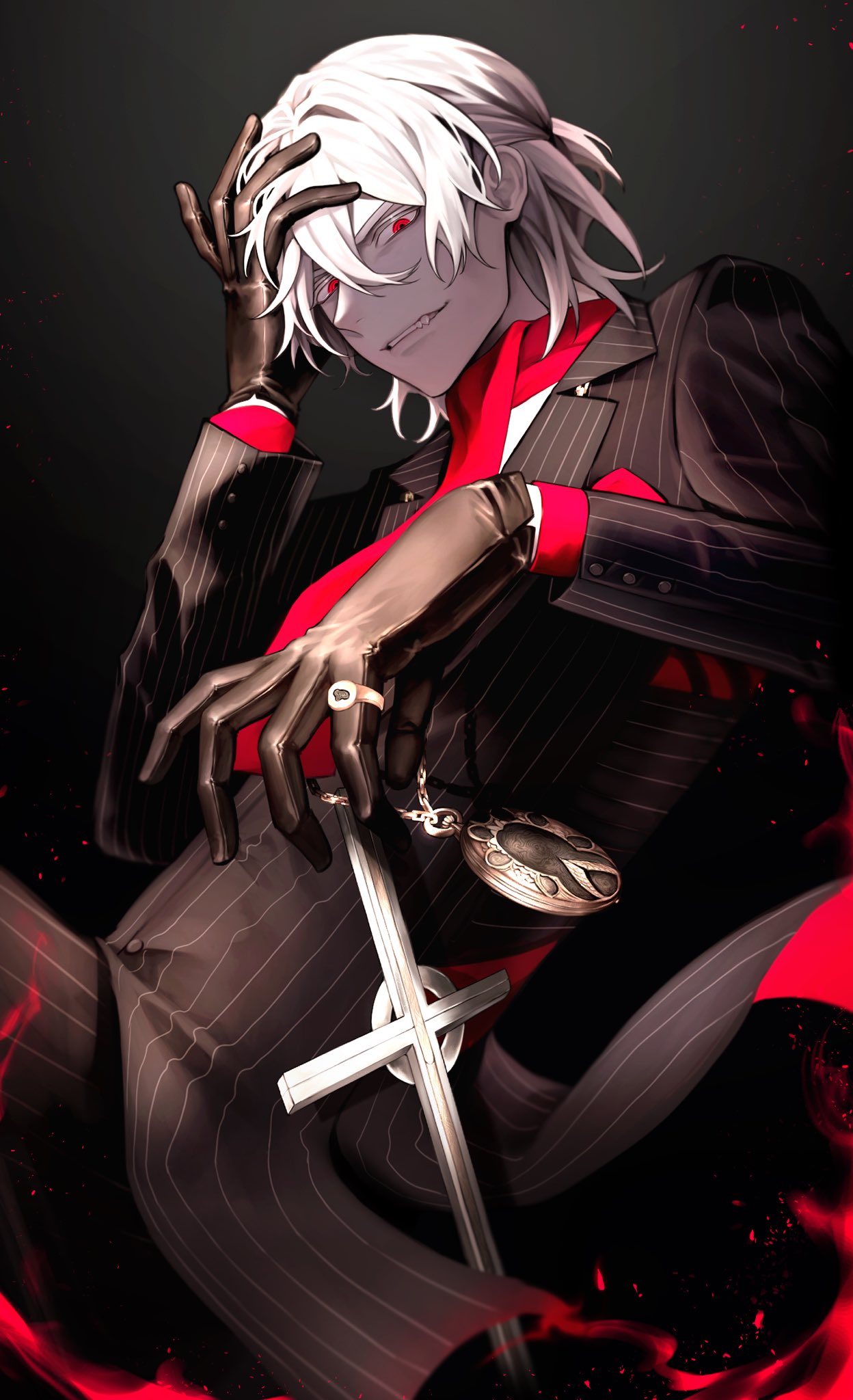 1boy antonio_salieri_(fate) antonio_salieri_(second_ascension)_(fate) ascot aura black_background black_gloves black_suit coattails cowboy_shot cross evil_grin evil_smile fang fate/grand_order fate_(series) formal gloves gradient_background grey_hair grin hair_between_eyes half_updo hand_on_own_head highres jewelry looking_at_viewer male_focus medallion medium_hair pants pinky_ring pinstripe_jacket pinstripe_pants pinstripe_pattern pinstripe_suit red_ascot red_eyes red_scarf ring scarf sheath sheathed shirt smile solo striped striped_suit suit sumi_(gfgf_045) sword weapon white_shirt