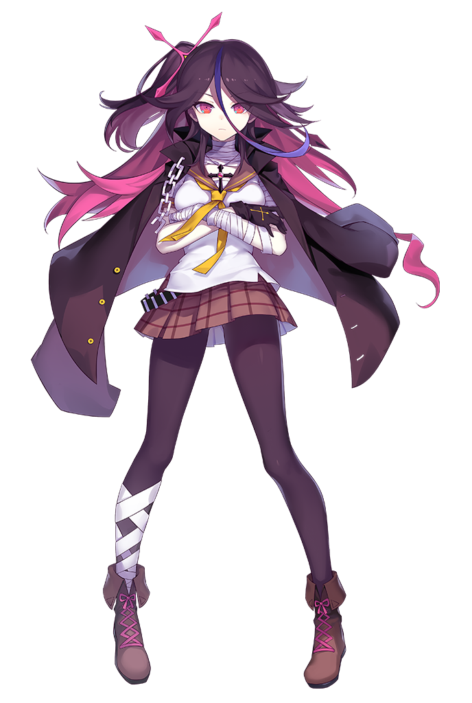 1girl bandaged_arm bandaged_chest bandaged_leg bandages benghuai_xueyuan black_jacket blue_hair brown_hair brown_skirt cross cross_necklace crossed_arms full_body honkai_(series) houraiji_kyuushou jacket jacket_on_shoulders jewelry long_hair multicolored_hair necklace official_art pantyhose plaid plaid_skirt red_eyes redhead sailor_collar shirt skirt solo third-party_source white_shirt yellow_sailor_collar