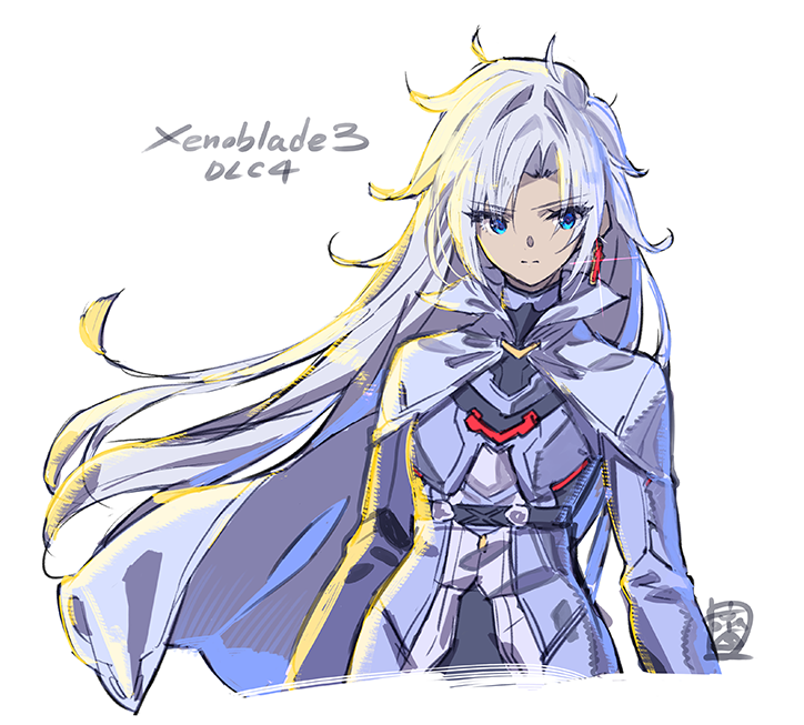 1girl a_(xenoblade) armor blue_eyes cape closed_mouth collared_cape earrings expressionless hair_between_eyes hair_flowing_over hair_intakes jewelry long_hair looking_at_viewer messy_hair saitou_masatsugu simple_background single_earring solo upper_body very_long_hair xenoblade_chronicles_(series) xenoblade_chronicles_3 xenoblade_chronicles_3:_future_redeemed