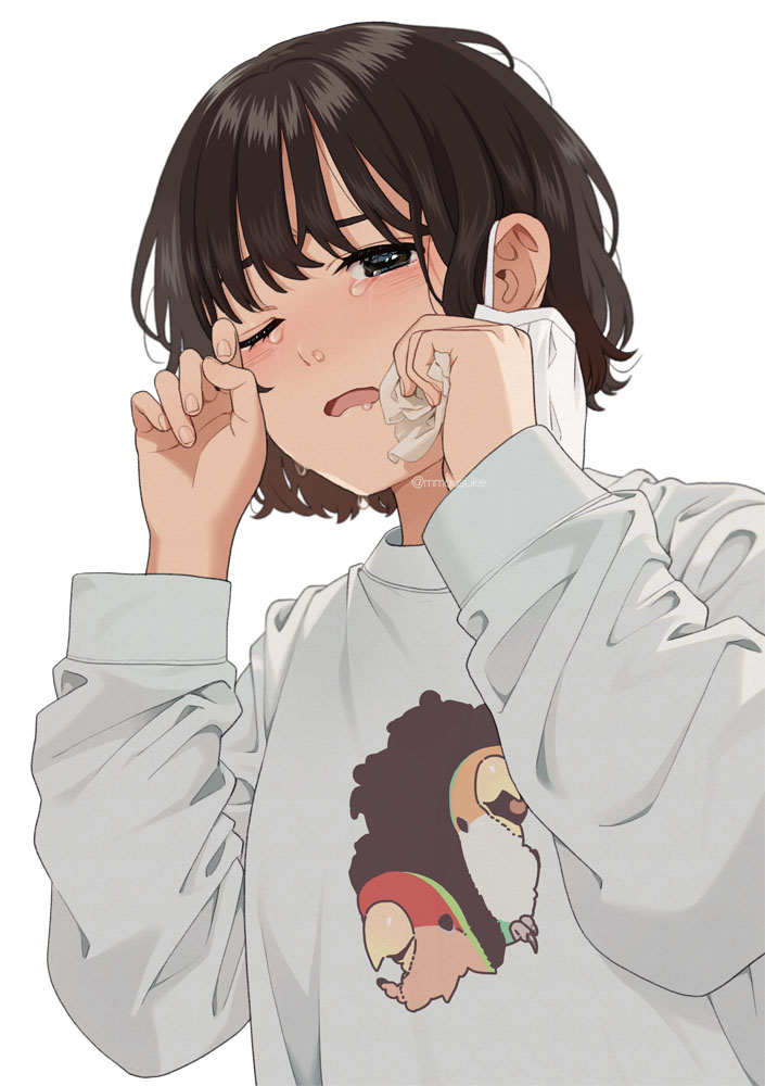 1girl brown_eyes brown_hair grey_shirt half-closed_eye hands_up long_sleeves looking_at_viewer mask mattaku_mousuke mouth_mask one_eye_closed open_mouth original puffy_long_sleeves puffy_sleeves saliva shirt short_hair simple_background snot solo surgical_mask tears twitter_username upper_body watermark wavy_mouth white_background