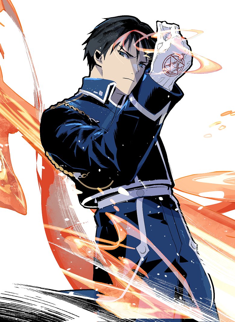 1boy black_hair blue_jacket closed_mouth cofffee fire fullmetal_alchemist jacket looking_at_viewer male_focus military military_uniform roy_mustang serious short_hair simple_background solo uniform upper_body white_background