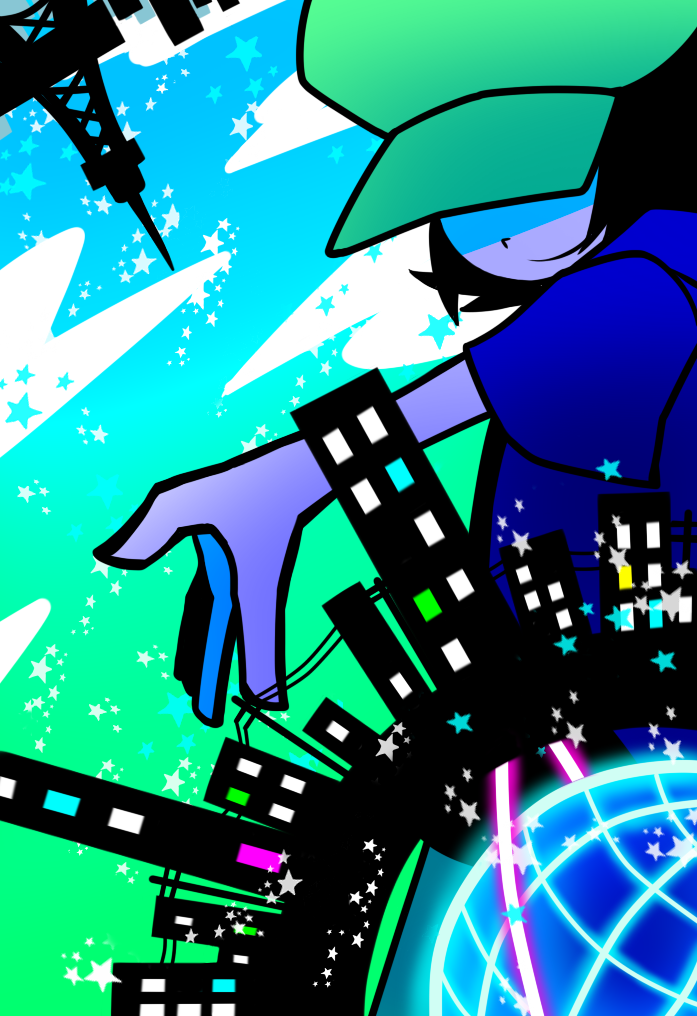 1boy black_hair blue_skirt building clouds hat hat_over_eyes male_focus mzd official_style pop'n_music shaded_face short_hair short_sleeves skirt skyline skyscraper smile solo star_(symbol) tower utility_pole voxxxup yellow_headwear