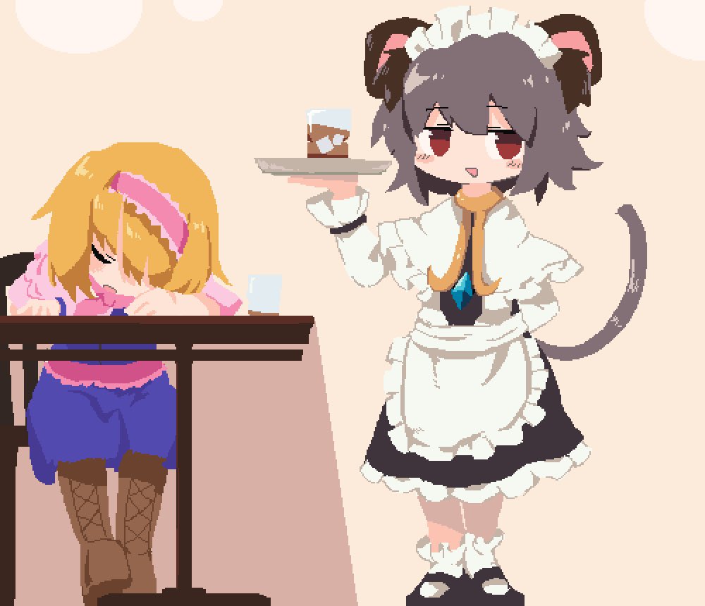 2girls alice_margatroid alternate_costume animal_ears apron black_footwear blonde_hair blue_dress blush boots brown_footwear capelet closed_eyes commentary_request cookie_(touhou) cross-laced_footwear crystal cup dress enmaided frilled_apron frills full_body grey_dress grey_hair hairband holding holding_tray ichigo_(cookie) jewelry looking_at_viewer maid maid_headdress mary_janes medium_bangs mouse_ears mouse_girl mouse_tail multiple_girls nazrin nyon_(cookie) open_mouth pendant pink_capelet pink_hairband pink_sash pixel_art red_eyes sash shoes short_hair sitting sleeping smile socks sparseseethe standing table tail touhou tray waist_apron white_apron white_capelet white_socks