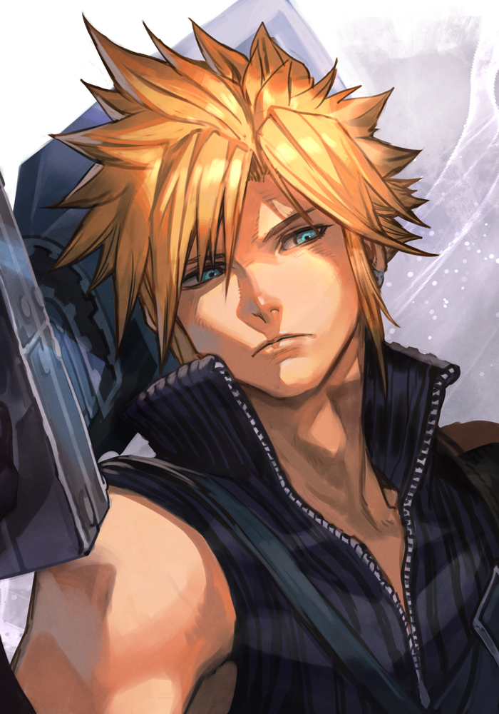1boy armor blonde_hair blue_eyes closed_mouth cloud_strife earrings final_fantasy final_fantasy_vii final_fantasy_vii_advent_children fusion_swords hankuri high_collar jewelry looking_at_viewer male_focus over_shoulder ribbed_shirt shirt short_hair shoulder_armor shoulder_belt single_bare_shoulder single_earring sleeveless sleeveless_shirt solo spiky_hair sword sword_over_shoulder upper_body weapon weapon_over_shoulder