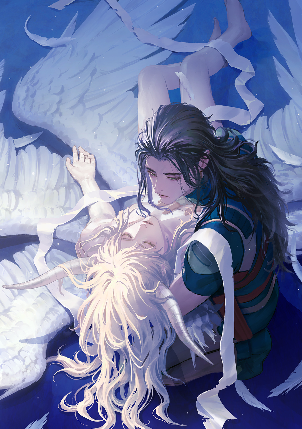 2boys aleph_(megami_tensei) angel_wings black_footwear black_hair carrying carrying_person closed_eyes feathers fingerless_gloves gloves green_eyes hand_on_another's_chest helel_(megami_tensei) highres holster horns kneeling long_hair looking_at_another lucifer_(shin_megami_tensei) lying male_focus mullet multiple_boys o_c_x pants parted_lips ribbon shin_megami_tensei shin_megami_tensei_ii shoulder_pads white_hair white_ribbon wings yellow_pants