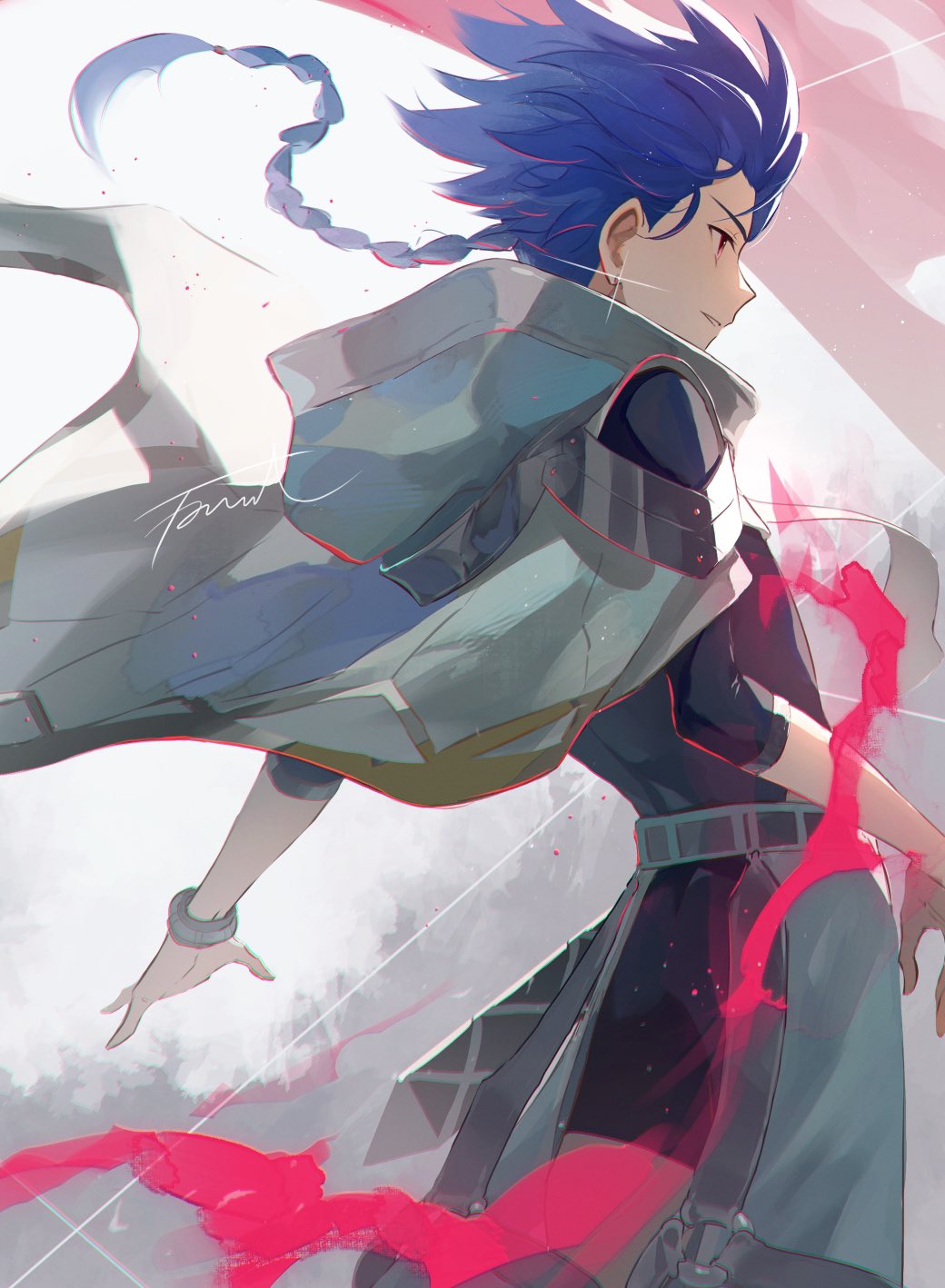 1boy age_regression aged_down blue_hair bodysuit bodysuit_under_clothes bracelet braid braided_ponytail capelet child clothing_cutout cu_chulainn_(fate) earrings fate/grand_order fate_(series) fomnant highres hood hooded_capelet jewelry looking_to_the_side male_child male_focus profile puffy_pants red_eyes setanta_(fate) short_hair signature solo spiky_hair thigh_cutout
