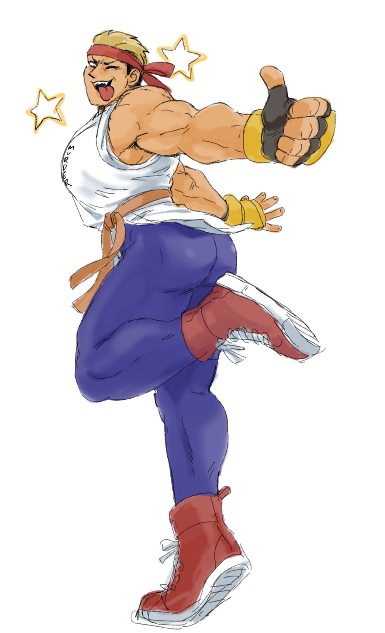 1boy cosplay fatal_fury fingerless_gloves full_body gloves headband highres leggings muscular muscular_male nyaattoberritto one_eye_closed ryuuko_no_ken short_hair solo the_king_of_fighters thumbs_up tongue tongue_out white_background yamazaki_ryuuji yuri_sakazaki yuri_sakazaki_(cosplay)