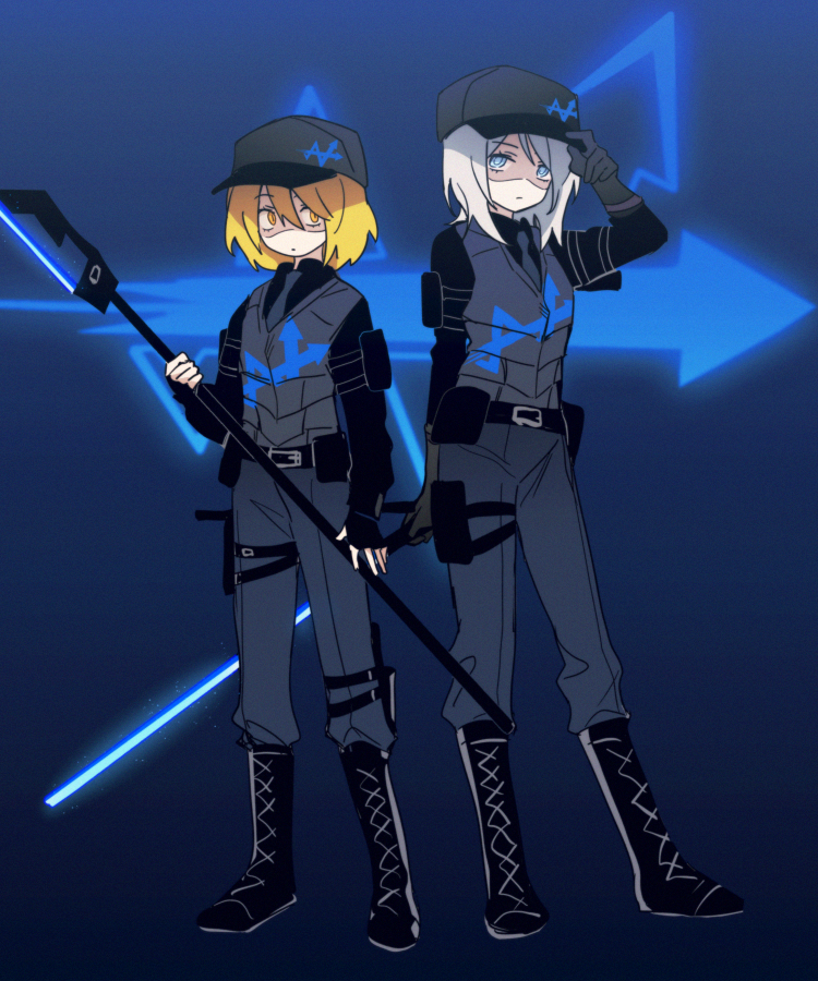 2girls baseball_cap bbunny black_footwear black_headwear black_shirt blonde_hair blue_background blue_eyes blue_pants boots don_quixote_(limbus_company) empty_eyes energy_weapon faust_(limbus_company) grey_necktie grey_vest hat limbus_company medium_hair multiple_girls necktie pants project_moon shaded_face shirt short_hair thigh_pouch thigh_strap vest white_hair yellow_eyes