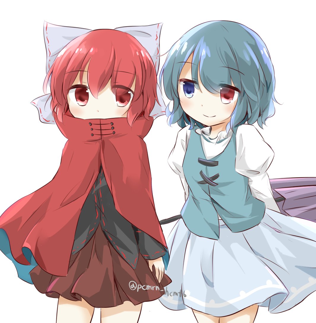 2girls black_shirt blue_eyes blue_hair blue_skirt blue_vest bow cloak closed_mouth commentary_request cowboy_shot cross-laced_clothes hair_bow heterochromia juliet_sleeves long_sleeves looking_at_another multiple_girls puchimirin puffy_sleeves purple_umbrella red_skirt redhead sekibanki shirt short_hair simple_background skirt tatara_kogasa touhou twitter_username umbrella vest white_background white_shirt