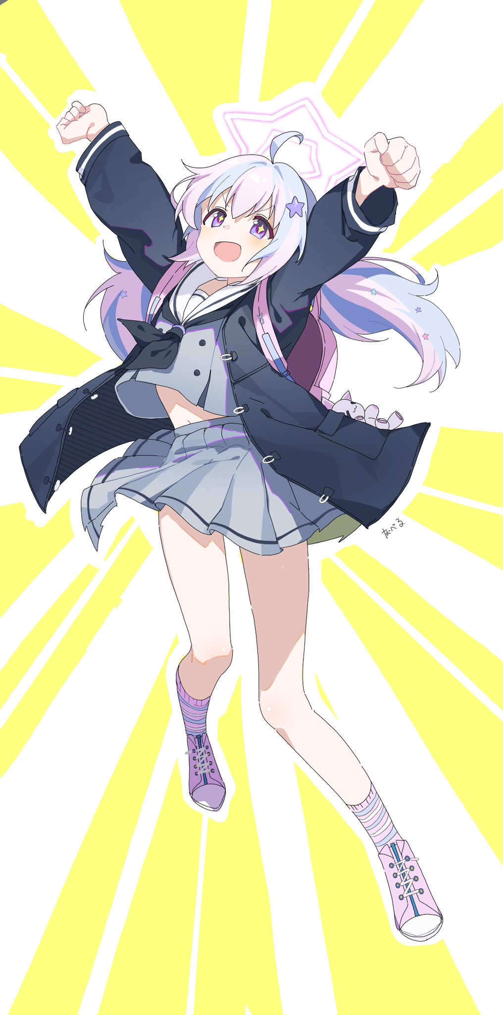 +_+ ahoge arms_up artist_name backpack bag black_coat black_neckerchief blue_archive blue_hair clenched_hands coat commentary floating_hair full_body grey_shirt grey_skirt hair_ornament halo highres light_blush long_hair long_sleeves looking_at_viewer low_twintails midriff_peek multicolored_hair neckerchief open_clothes open_coat outline pink_hair pleated_skirt reisa_(blue_archive) sailor_collar school_uniform serafuku shirt shoes skirt sneakers socks star_(symbol) star_hair_ornament striped striped_socks stuffed_animal stuffed_toy sunburst sunburst_background twintails two-tone_hair v-shaped_eyebrows violet_eyes white_outline white_sailor_collar you_guo_chaocai