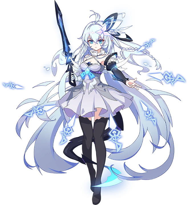 1girl ahoge benghuai_xueyuan black_footwear blue_eyes boots braid closed_mouth dress full_body holding holding_weapon honkai_(series) long_hair official_art pointy_ears shigure_kira solo thigh_boots third-party_source weapon white_dress white_hair