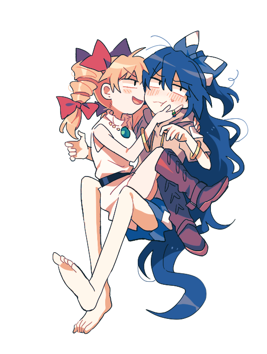 2girls :d :t bangle bare_arms bare_shoulders barefoot belt black_belt blue_bow blue_hair blush boots bow bracelet closed_mouth couple dark_blue_hair drawstring dress drill_hair embarrassed from_side full_body furrowed_brow hair_between_eyes hair_bow hand_on_another's_cheek hand_on_another's_face hand_up hands_up high_collar hood hood_down incest invisible_chair jewelry knee_boots long_hair looking_at_another multiple_girls necklace open_mouth orange_hair re_ghotion red_bow ring sanpaku short_sleeves siblings simple_background sisters sitting sitting_on_lap sitting_on_person sleeveless sleeveless_dress smile sweat touhou twin_drills twintails unkempt v-shaped_eyebrows very_long_hair white_background yorigami_jo'on yorigami_shion yuri