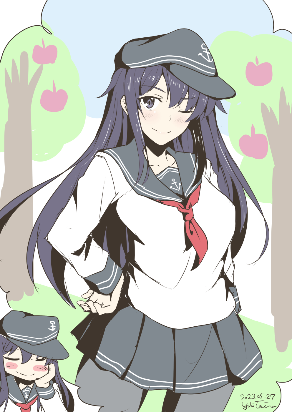 1girl aged_up akatsuki_(kancolle) anchor_symbol apple artist_name black_eyes black_hair black_pantyhose black_sailor_collar black_skirt cowboy_shot dated food fruit hand_on_own_hip highres kantai_collection long_sleeves looking_at_viewer neckerchief one-hour_drawing_challenge pantyhose pleated_skirt red_neckerchief sailor_collar school_uniform serafuku skirt smile solo taira_yuuki tree