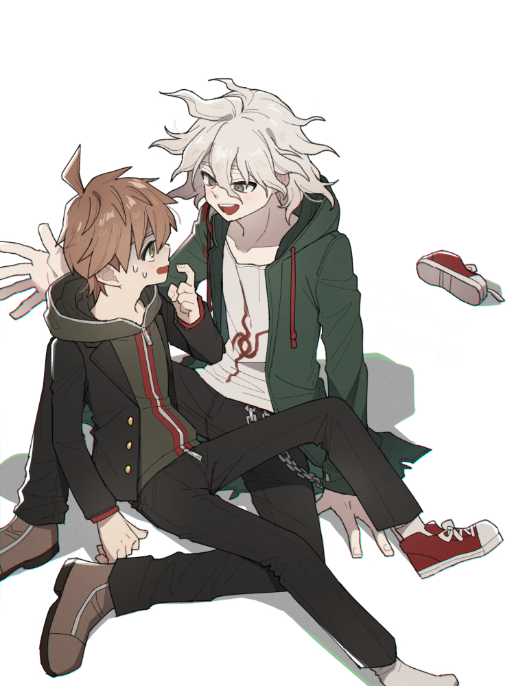 2boys :d black_jacket black_pants blush brown_footwear cheeseko danganronpa:_trigger_happy_havoc danganronpa_(series) danganronpa_2:_goodbye_despair eye_contact green_jacket grey_hair hair_between_eyes hood hood_down hooded_jacket jacket komaeda_nagito looking_at_another male_focus messy_hair multiple_boys naegi_makoto open_clothes open_jacket open_mouth pants print_shirt red_footwear shirt shoes shoes_removed single_shoe sitting smile sweat white_shirt