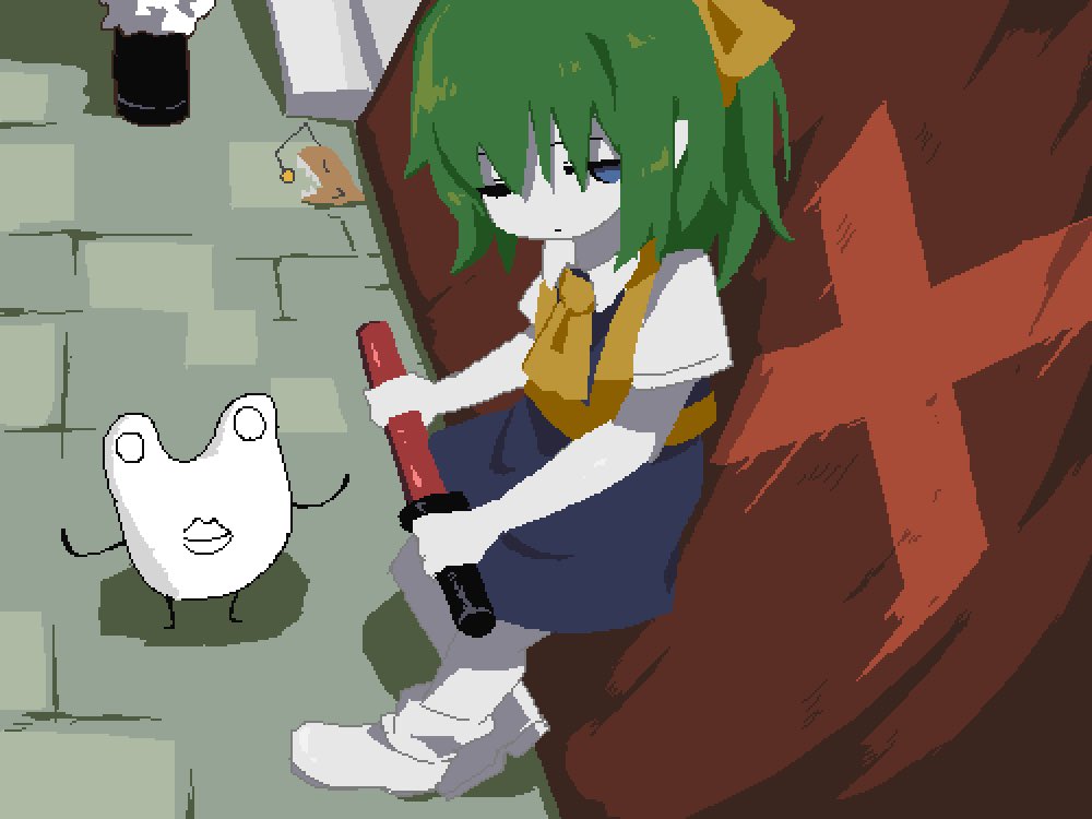1girl ascot blue_dress blue_eyes boots closed_mouth colored_skin commentary_request cookie_(touhou) daiyousei diyusi_(cookie) dress expressionless full_body green_hair hair_between_eyes hide_(acceed) high-visibility_vest holding long_bangs looking_at_viewer manatsu_no_yo_no_inmu medium_hair offside:_diyusi one_eye_closed pinafore_dress pixel_art shirt short_sleeves sleeveless sleeveless_dress sparseseethe touhou traffic_baton unusually_open_eyes white_footwear white_shirt white_skin yellow_ascot