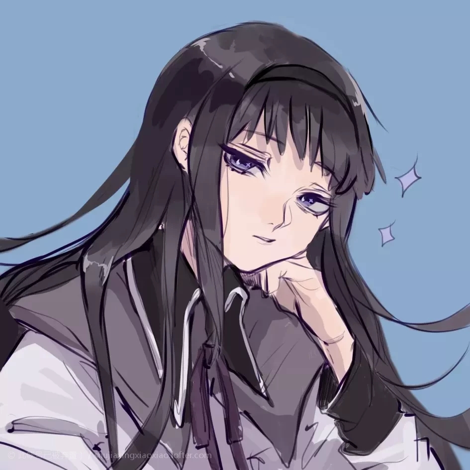 1girl akemi_homura black_hair black_hairband black_shirt blue_background capelet dress_shirt ears_visible_through_hair grey_capelet hairband half-closed_eyes hand_on_own_face head_tilt long_hair long_sleeves magical_girl mahou_shoujo_madoka_magica parted_lips purple_ribbon ribbon shirt solo sparkle upper_body very_long_hair vest violet_eyes watermark white_trim white_vest wing_collar xiaoxiao_(15991743)