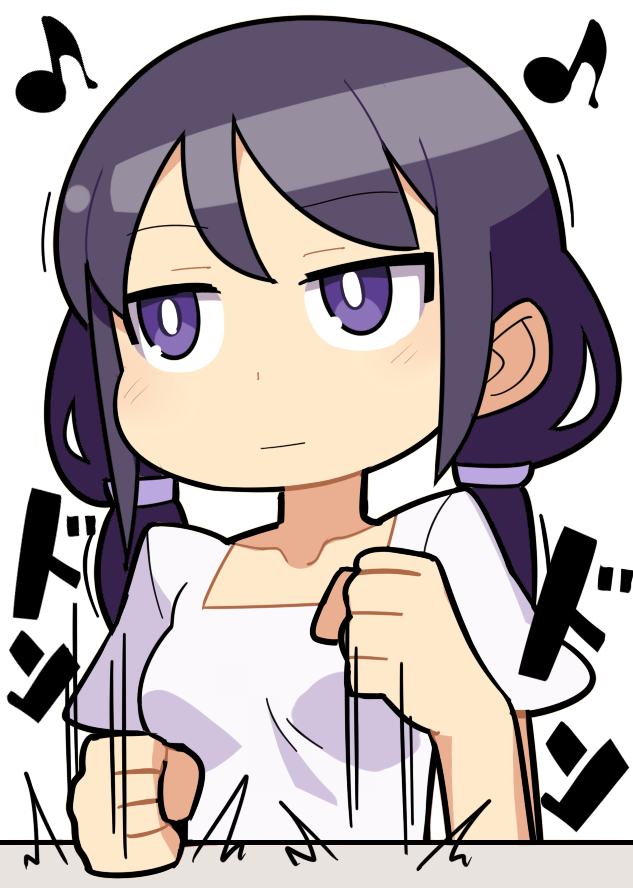 1girl :| black_hair blush breasts bright_pupils clenched_hands closed_mouth commentary_request expressionless hospital_king long_hair looking_afar low_twintails medium_bangs motion_lines musical_note shirt simple_background small_breasts solo square_neckline tamura_yuri twintails upper_body violet_eyes watashi_ga_motenai_no_wa_dou_kangaetemo_omaera_ga_warui! white_background white_pupils white_shirt