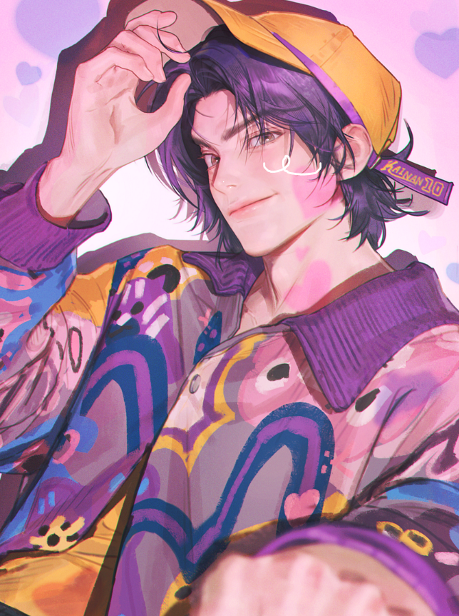 1boy blurry brown_eyes buttons closed_mouth collared_shirt copyright_request depth_of_field gradient_background hand_in_own_hair heart heart_background jnkku male_focus medium_hair purple_background purple_hair reaching reaching_towards_viewer shirt solo upper_body yellow_headwear