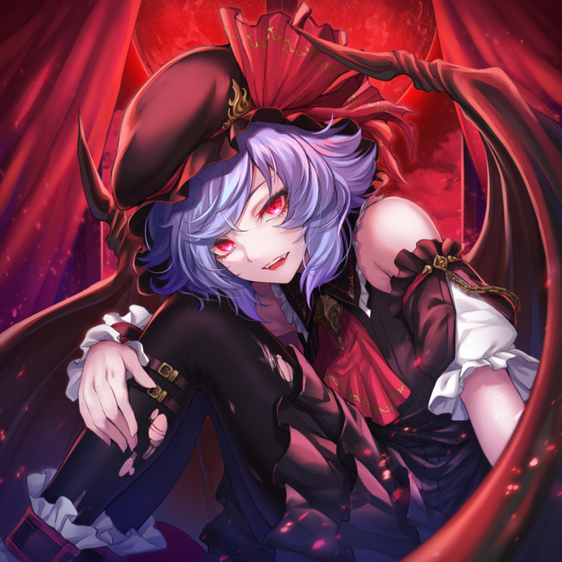 1girl alternate_costume bare_shoulders bat_wings black_headwear commentary_request hat hat_ribbon knees_up looking_at_viewer mob_cap purple_hair re_(re_09) red_eyes red_ribbon remilia_scarlet ribbon short_hair solo teeth touhou upper_teeth_only wings