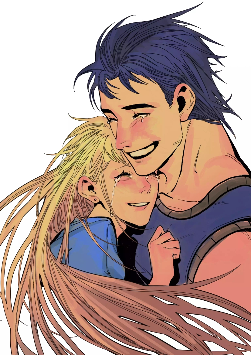 1boy 1girl blonde_hair blue_hair closed_eyes commentary_request couple crying dress erina_pendleton facing_viewer grin happy_tears hetero jojo_no_kimyou_na_bouken jonathan_joestar long_hair muscular muscular_male phantom_blood shirt short_hair simple_background smile tears teeth totemcrowbone white_background