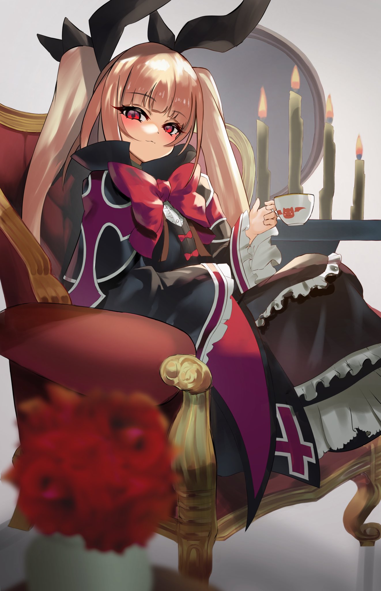 1girl black_capelet black_dress black_ribbon blazblue blonde_hair blush bow bowtie candle capelet chair closed_mouth cross cup dress flower frilled_sleeves frills full_body hair_ribbon highres holding holding_cup long_hair long_sleeves looking_at_viewer parted_bangs popped_collar profile rachel_alucard red_background red_bow red_bowtie red_eyes ribbon rose sato_one1 shaded_face simple_background sitting skirt solo teacup thick_eyelashes twintails upper_body vase very_long_hair wide_sleeves