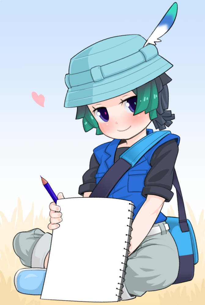 1boy ^^^ bag black_hair black_shirt blue_headwear blue_vest blush booth_tomato commentary crossed_legs green_hair grey_shorts hat hat_feather heart kemono_friends kemono_friends_2 kyururu_(kemono_friends) looking_at_viewer male_focus multicolored_hair pencil shirt shorts shoulder_bag sitting sketchbook smile solo vest violet_eyes