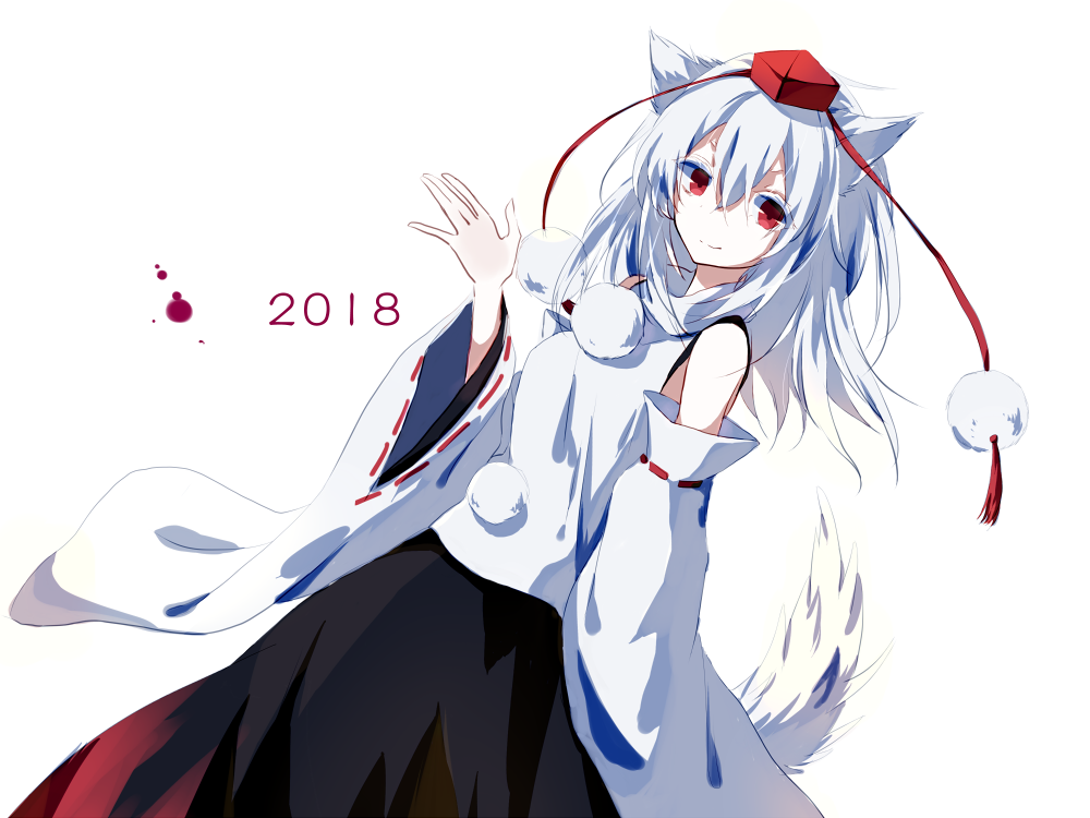 1girl 2018 animal_ears black_skirt chokie closed_mouth commentary detached_sleeves hat inubashiri_momiji looking_at_viewer medium_hair pom_pom_(clothes) red_eyes red_headwear ribbon-trimmed_sleeves ribbon_trim shirt simple_background skirt smile solo tail tokin_hat touhou white_background white_hair white_shirt wide_sleeves wolf_ears wolf_girl wolf_tail