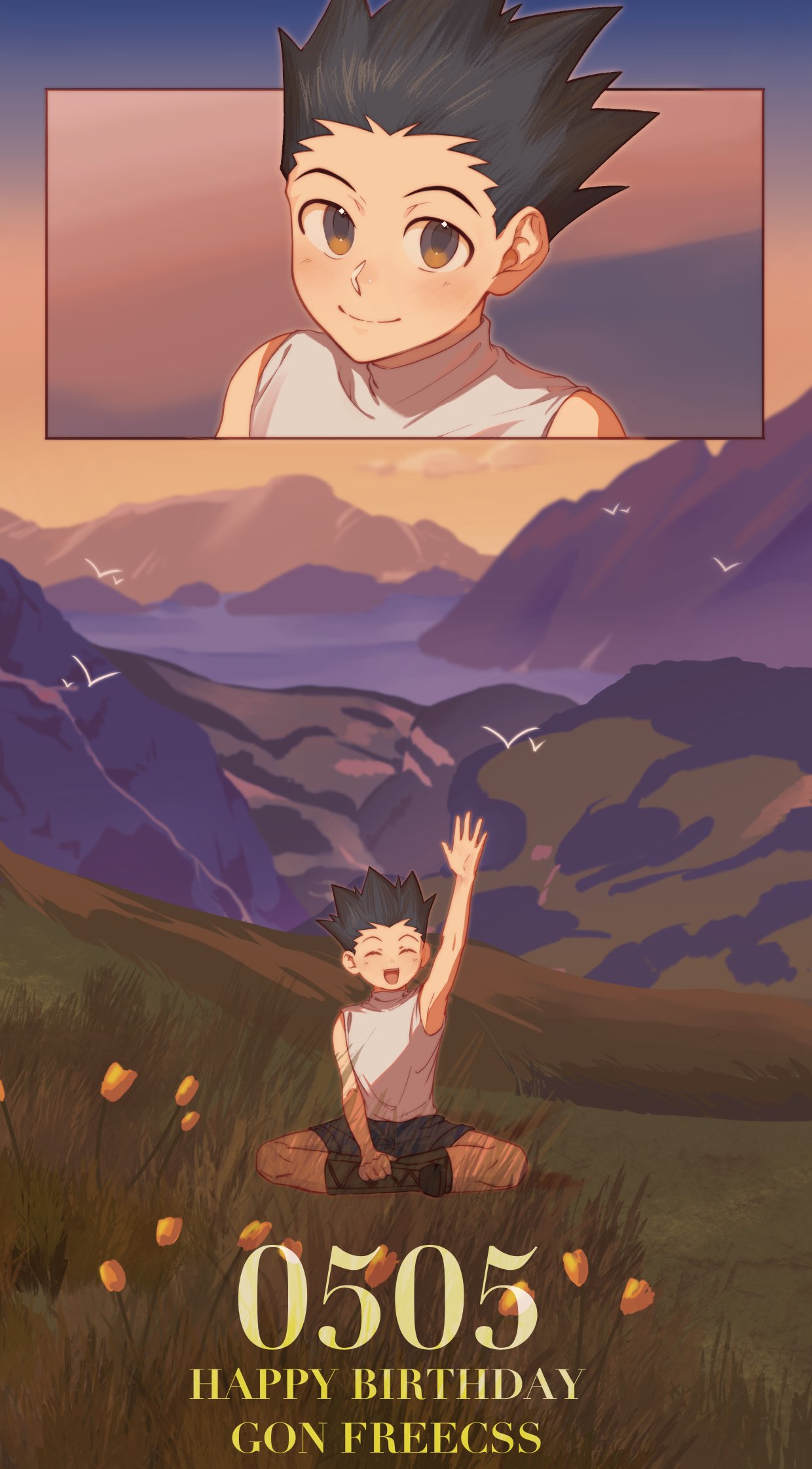 1boy bird birthday black_hair brown_eyes closed_eyes collage gon_freecss happy_birthday highres hunter_x_hunter indian_style looking_at_viewer male_child male_focus on_grass outdoors seline_shilin shirt short_hair shorts sitting smile solo waving_arms white_shirt