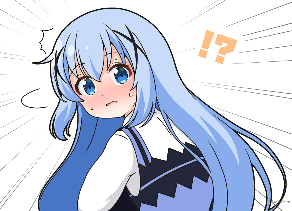 !? 1girl ^^^ blue_eyes blue_hair blue_vest blush commentary_request emphasis_lines gochuumon_wa_usagi_desu_ka? hair_between_eyes hair_ornament kafuu_chino long_hair looking_at_viewer looking_to_the_side mitya nose_blush parted_lips rabbit_house_uniform shirt simple_background solo sweat uniform very_long_hair vest waitress white_background white_shirt x_hair_ornament